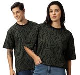 RodZen Couple Men's & Women's Pure Cotton Oversized Abstract Printed T-Shirts (Pack of 2) (Men-S, Women-S; Mgreen)