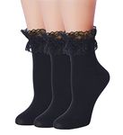 ViViKi Women Ruffle Lace Ankle Socks, Cute Frilly Cotton Socks Girl Lolita Socks, 3 Paris (Black)