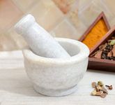 Crocon Mortar and Pestle White Marble Style Kutani/Spice Crusher and Hand Made Pill Crusher for Home and Kitchen Decorative Gift Set Size :- (LxBxH) (10.5x10.5x14) cm