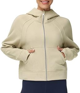 THE GYM PEOPLE Women's Full-Zip Up Hoodies Jacket Fleece Workout Crop Tops Sweatshirts with Pockets Thumb Hole Apricot