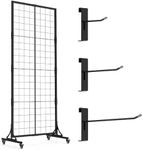 HUHOLE Grid Wall Panels + Black Gridwall Hooks 2 Inch, 4 Inch, 6 Inch, 60PC, 2.2' × 5.2' Ft Movable Grid Wall Panel Display Stand, Heavy-Duty Floorstanding Gridwall with Extra 12 Hooks,Total 72PC