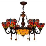 Tiffany-Style Victorian 6-Light Chandelier, European Red Dragonfly Glass Multi-Head Pendant Lamp Fixture for Living Room Villa Dining Room