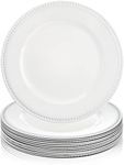 Okllen 12 Pack Plastic Round Charger Plates, 13" Dinner Chargers Decorative Plates with Beaded Rim, Embossed Charger Serving Plates for Wedding, Catering Event, Tabletop Decor, White