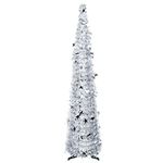 FINGOOO 5ft/1.5m Collapsible Christmas Tree Silver Tinsel Pop Up Coastal Christmas Tree for Holiday Xmas Decorations, Home Display, Office Decor