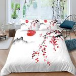 Japanese Cherry Blossom Bedding Set Smoky Mountain Print Soft Duvet Cover for Kids Boys Girls Teens Watercolour Comforter Cover(1 Duvet Cover 1 Pillow Case),Single Size