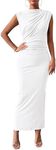 BTFBM Women's Ruched Bodycon Dress Summer Casual Sleeveless Back Slit Elegant Club Evening Party Cocktail Maxi Dresses(Solid White, Small)