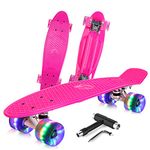Beleev Skateboard 22 inch Complete Mini Cruiser Retro Skateboard with PU LED Light UP Wheels, Pink