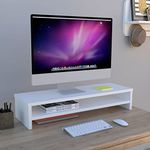 Henor Wooden TV Riser Monitor Stand with Intermediate Shelf 82 x 26.5 x 16 cm. Supports 50 kg. White.