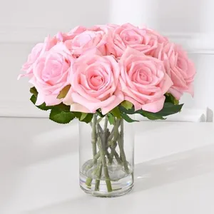 BLEUM CADE Luxury PU Fake Flowers in Vase with Faux Water, Pink Real Touch Roses Artificial Flowers with Glass Vase for Office Home Dining Room Centerpiece Table Decorations