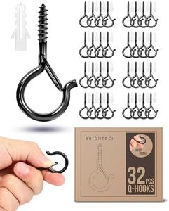 Brightech String Light Screw Hooks - Ceiling Hooks for Hanging Solar, Plug-in Lights, Outdoor String Lights - Q Hooks with Safety Buckle Design for Porch, Patio - 32 Pack, Black