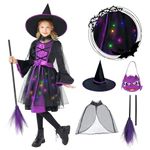 Funnlot Halloween Witch Costume Kids, Light Up Girls Witch Costume with Witch Dress, Witch Hat,Witches broom and Candy Bag, Girls Wizard Set for Toddler Girls Halloween Costume, Purple (S)