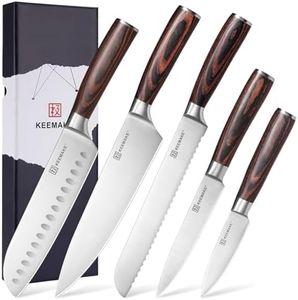 KEEMAKE Set Coltelli da Cucina Professionali - Coltelli da Cucina in Acciaio Inossidabile 5 pezzi, Spelucchino Coltello Santoku Chef Pane Universale, Manico in Pakkawood