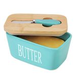 Butter Dish with Lid, Ceramic Butter Keeper with Bamboo Cover & Steel Knife, Porcelain Butter Bowl Holder Container Perfect for Butter West or East Coast Butter,Light Blue