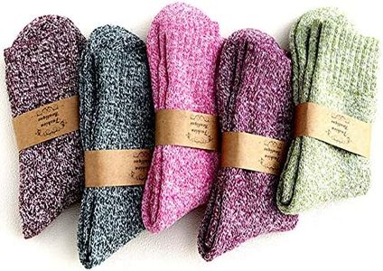 JUNAN 5Pairs Ladies thermal Winter socks, Womens Thick Knitting Warm & comfy Wool Crew Vintage Style Sock, D-thread, 7