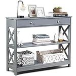 COSTWAY Console Table, X-Shaped Sofa Side End Table with Drawer and 2 Storage Shelves, Wooden Narrow Hall Desk Display Accent Table for Living Room Bedroom Entryway Hallway (Grey)