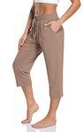 TARSE Women's Capri Yoga Pants Loose Soft Drawstring Workout Sweatpants Causal Lounge Pants with Pockets, Brown Tan Capris, Medium