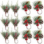 12 PCS Christmas Napkin Rings Set, Kalolary Xmas Napkin Buckles Set Red Berries Napkin Holders Pine Cones Needles Napkin Holders Wooden Snowflake Tableware Supplies for Holiday Dinner Table Decoration