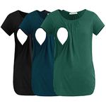 Smallshow Women's Maternity Nursing Tops Ruched Breastfeeding Shirts Clothes 3-Pack Large,Black-Teal-Deep Green