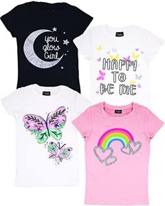 MISS POPULAR Girls 4-Pack Super Soft Short Sleeve T-Shirts Rainbow Butterfly Glitter Print Cute Design| Sizes 7-16, Combo a, 14-16