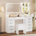 YITAHOME Vanity Set, Makeup Vanity Desk with Adjustable LED Mirror, Power Outlets, 10 Drawers, Magnifying Glass, Tempered Glass Top, Hairdryer Holder, Stool for Bathroom, Makeup Room