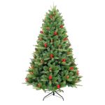 fizzytech 6 Feet Premium PE & PVC Pine Artificial Christmas Tree with 1256 Tips, Pinecones & Red Berries – Easy Assembly, Sturdy Metal Stand – Perfect Christmas Decoration for Home(Green XmasTree-6Ft)