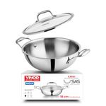 Vinod Platinum Triply Stainless Steel Extra Deep Kadai with Glass Lid - 1.2 L, 18 cm | 2.5mm Base, Even Heating, Less Oil Healthy Cooking, Heavy Bottom Induction Cookware Kadhai for Cooking & Frying