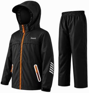 SWISSWELL Kids Rain Gear, Boy Rain Jacket & Pants Black/Orange 8-10 Years