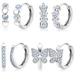 YADOCA 4Pairs Hypoallergenic Small Hoop Earrings For Girls Women 925 Sterling Silver Post Huggie Earrings Cute Heart Flowers Heart Butterfly Star Cubic Zirconia Cartilage Earrings For Sensitive Ears Blue