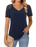 Beluring Womens Tops Casual V Neck T Shirt Elegant Lace Sleeve Blouse, Navy Blue Size 16-18