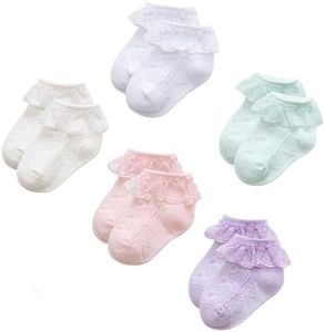 Durio 5 Pairs Toddler Girl Socks - Cute Frilly Ruffle Socks for Girls, Super Soft Breathable Lace Ankle Sock for Newborn to Toddler Dress Sock for Girls A3 Purple&White&Beige&Pink&Blue 3-5T