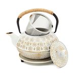 White Cast Iron Japanese Teapot with Handle, Infuser, and Trivet, 800 ml