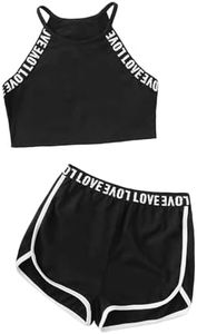 Milumia Girl's 2PCS Outfit Letter Tape Halter Cami Crop Top and Dolphin Shorts Set Black 9 Years