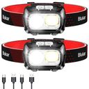 Blukar Head Torch Rechargeable, 2 Pack 2000L Super Bright Headlamp Headlight with 8 Light Modes, Spotlight Floodlight Combination, Sensor Control, Waterproof, Long Battery Life for Running,Camping