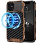 TENDLIN Magnetic Case Compatible with iPhone 11 Case Wood Grain with Carbon Fiber Texture Design Leather Hybrid Slim Case (Compatible with MagSafe) Black