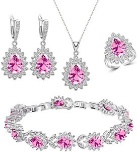 ZCGJWE Shiny Pink Women Girl Jewelry Set,White Gold Plated Pink Zircon Necklace Earrings Adjustable Ring Bracelet Accessories Set,Mother's Day Valentine's Day XMAS Christmas Prom for Mom Lover Girlfriend Grandmother Ladies Gift, Brass, Cubic Zirconia Created Pink Sapphire