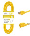 HONDERSON 12FT 14/3 Outdoor Extension Cord - 14 Gauge 3 Prong SJTW Heavy Duty Yellow Extension Cable with 3 Prong Grounded Plug for Safety, UL Listed