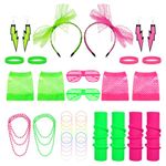 Provone 32Pcs 80s Costume Accessories Set for Women 80s Fancy Dress Accessories Neon Lace Bow Headband Leg Warmers Fishnet