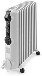 De'Longhi Radia S Electric Oil Column Heater TRRS1224T, 12 Fin Home Heater for Medium to Large Rooms, 3 Power Settings, 24-Hour Timer, 2400W, White