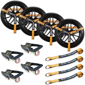 KODIAK STRAPS Adjustable Vehicle Tire Tie Down Straps Kit– 4pk Heavy Duty Tire Straps with Snap Hooks 10,000 lbs. Working Load 3333 lbs. Lasso 4 x Tow Strap Kit for Car, Truck, ATV Towing Accessories