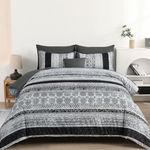 Boho Queen Size Comforter Set 8 Pieces,Gray Bohemian Striped Bed in a Bag,Floral Soft Microfiber Bedding Comforter Set