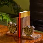 ExclusiveLane 'The Dancing Peacock' Hand Carved Wood Bookends for Table in Sheesham Wood - Book End Book Holder Stand Wooden Bookend Book Stopper Book Support Book Shelf Stopper Book Organiser