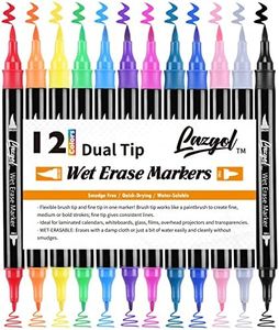 Wet Erase Markers Dual Tip, Lazgol 12 Assorted Colors, Dual Tip Brush & Fine Overhead Transparency Smudge Free Markers for Dry Erase Whiteboard, Refrigerator Calendars, Glass, Films and Any Kind of