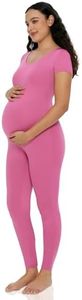 POSHDIVAH Women's Maternity Jumpsuit Romper Leggings Pregnancy Short Sleeve T Shirts Bodycon Bodysuit Shapewear Pink Large