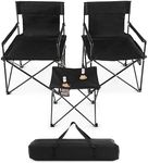 Costway Folding Camping Chair Set of 3, Portable Lawn Chair & Side Table w/ 2 Cup Holders, Storage Pockets, Carrying Bag, Oversized Camping Chair with Table for Fishing, Hiking, Picnic, BBQ, Black