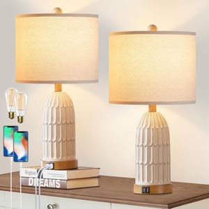 Table Lamps for Bedroom Set of 2, Farmhouse 3-Way Dimmable Touch Lamp for Nightstand with 2 USB Charging Ports, White Vintage Rustic Boho Bedside Lamp for Living Room End Table (Bulbs Included)