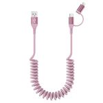 USB to USB-C and Lightning Cable Combo 2 in 1 Coiled Cable Ap ple Carplay & Android Auto Compatible [MFi& 3A Fast Charge& Data Sync]Coiled Lightning and USB C Cable for iPhone 15/14/13/12/Android,Pink