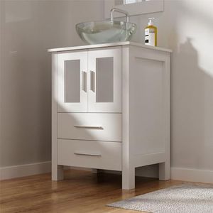 ExBrite 24 inch White Bathroom Vanity and Mirror Combo,Modern Bathroom Vanity Cabinet,Woden Frame Bathroom Storage Cabinet with 2 Soft Closing Doors and 2 Sliding Drawers(Sink Not Included)