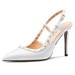 HDEUOLM Womens Stiletto High Heel Pointed Toe Sandals Slingback Slip-on Pumps Court Shoe Buckle Studded Rivets Party Dress Summer 10 CM Heels White 7 UK