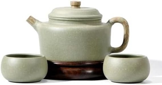 SILINE Zisha Hu 10.5 Oz,Genuine Yixing Cyan Clay Teapot with 2 Cups, Chinese Craftsman Handmade Infurse Kung Fu Tea Pot Set -Dezhong