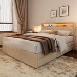 BTM Upholstered Bed 150 * 200cm, 5FT King Size Bed, Double Bed with 4 Storage Drawers & Bedside Pocket, Linen Double Bed Frame with LED Headboard, Beige Double LED Bed, No Mattress